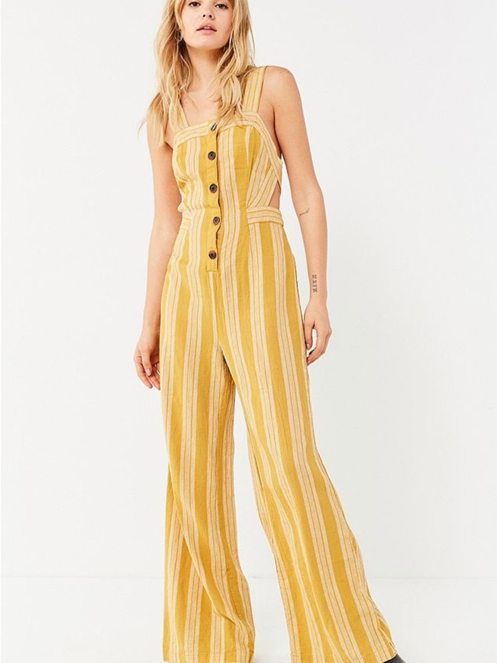 UO Striped Mustard Wide-Leg Jumpsuit